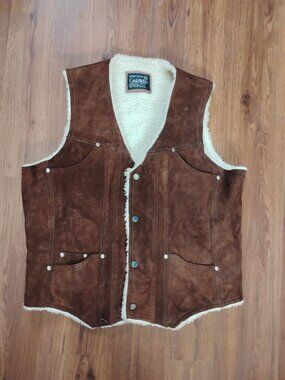 Vintage 70s Challenger Fleece Lined Shearling Suede Leather Vest